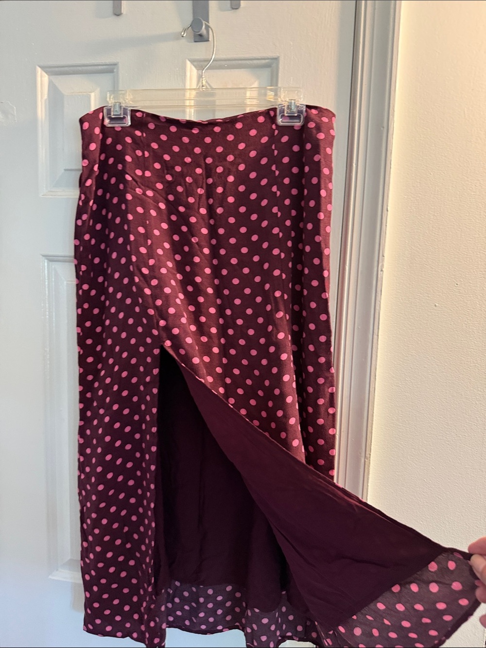 Anthropologie Maroon A-Line Skirt with Pink Polka Dots - Picture 3 of 7